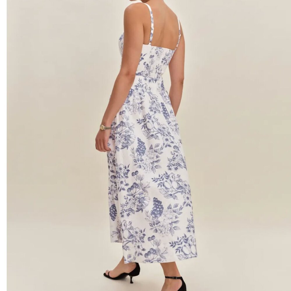 Reformation Katarin Linen Midi Dress Sz2 Carla Blue White Floral Casual Party - Picture 5 of 12